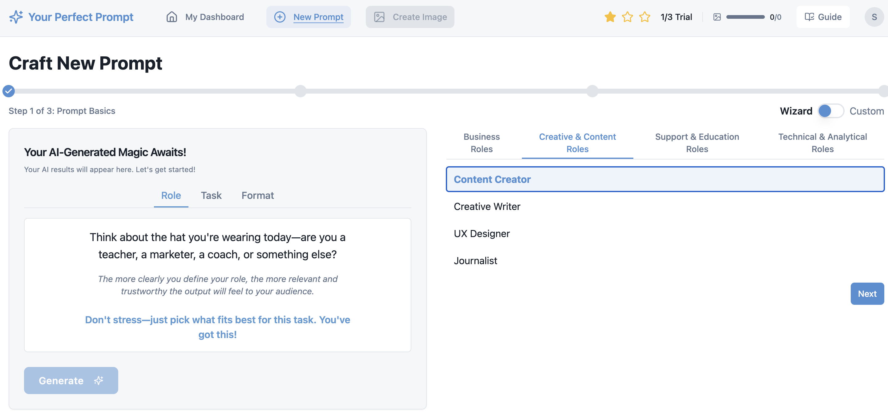Screenshot of the Your Perfect Prompt AI prompt builder and generator wizard